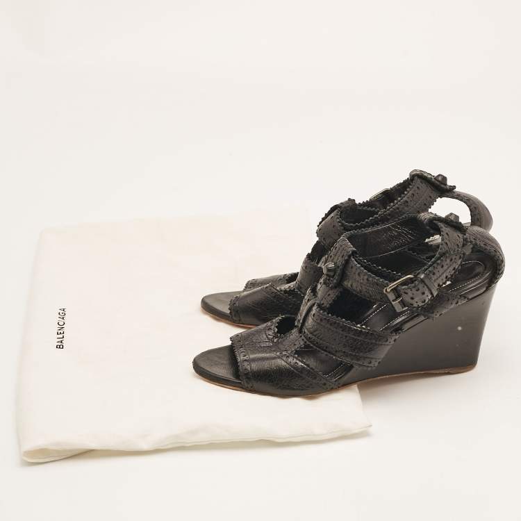 Pre Owned Balenciaga Black Leather Ankle Strap Wedge Sandals Size 39