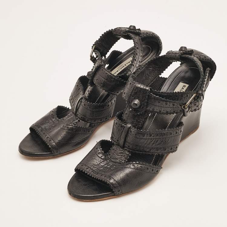 Pre Owned Balenciaga Black Leather Ankle Strap Wedge Sandals Size 39