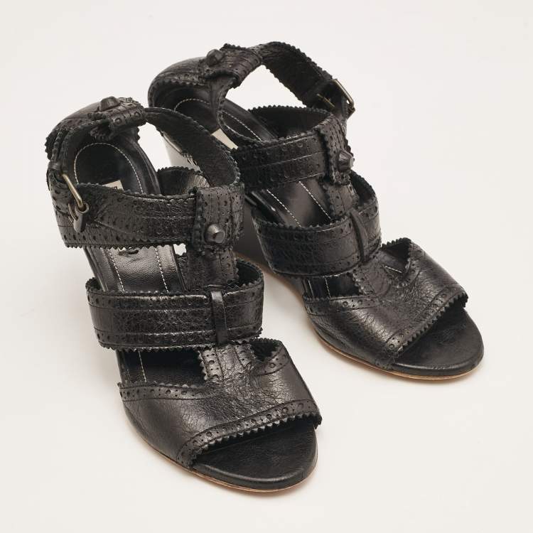 Pre Owned Balenciaga Black Leather Ankle Strap Wedge Sandals Size 39
