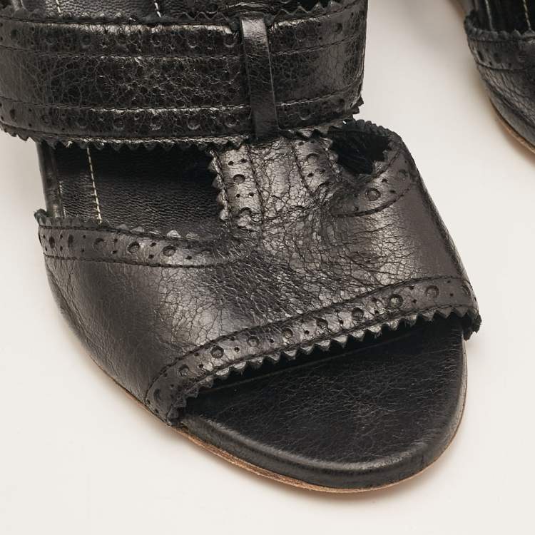 Pre Owned Balenciaga Black Leather Ankle Strap Wedge Sandals Size 39