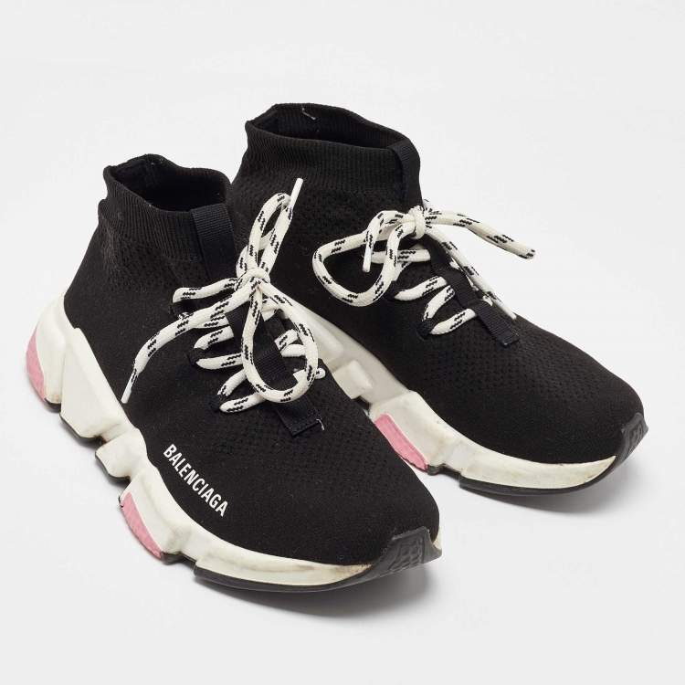 Pre Owned Balenciaga Black Knit Fabric Speed Trainer Lace up Sneakers Size 37