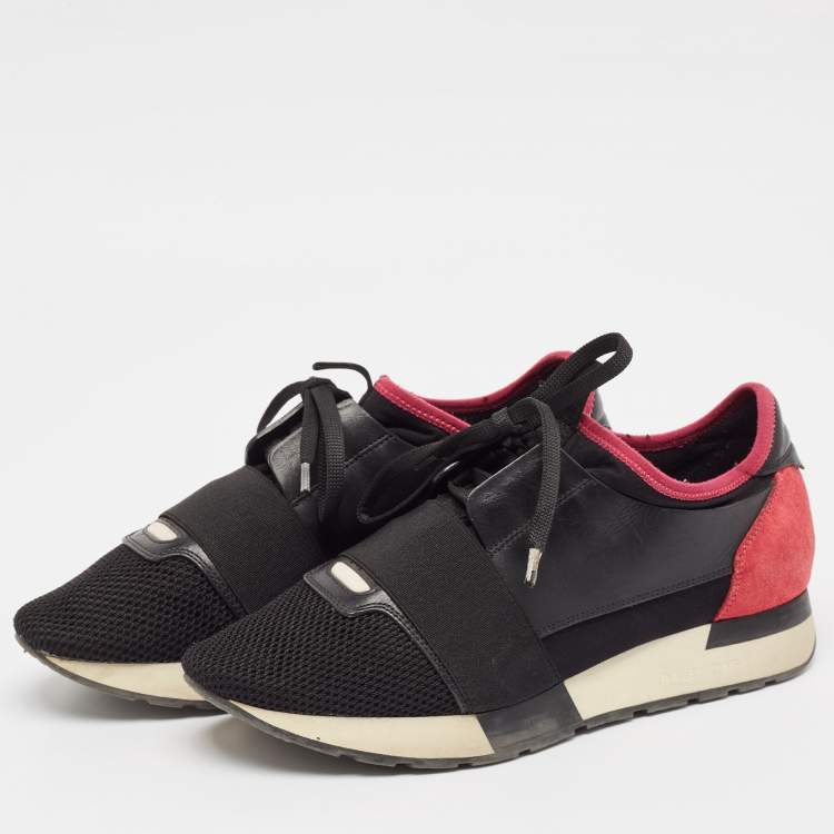Pre Owned Balenciaga Black/Pink Leather and Mesh Race Runner Sneakers Size 39