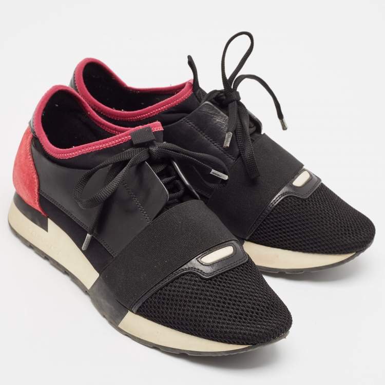 Pre Owned Balenciaga Black/Pink Leather and Mesh Race Runner Sneakers Size 39