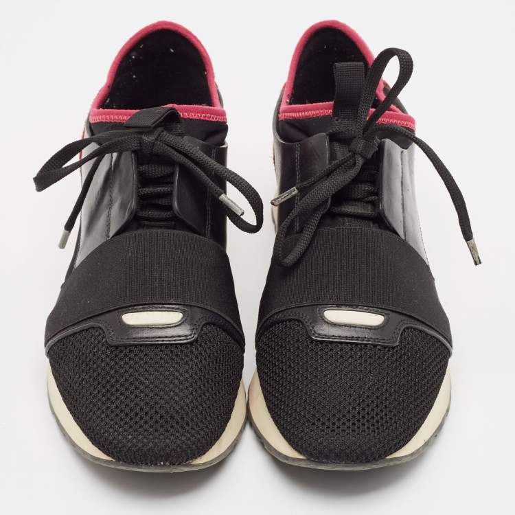 Pre Owned Balenciaga Black/Pink Leather and Mesh Race Runner Sneakers Size 39