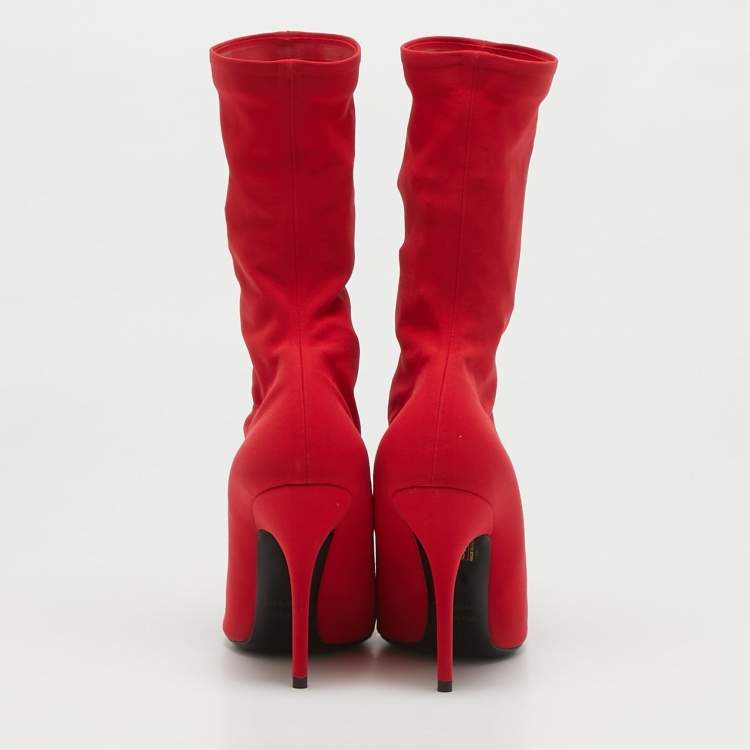 Pre Owned Balenciaga Red Stretch Fabric Knife Mid Calf Boots Size 39