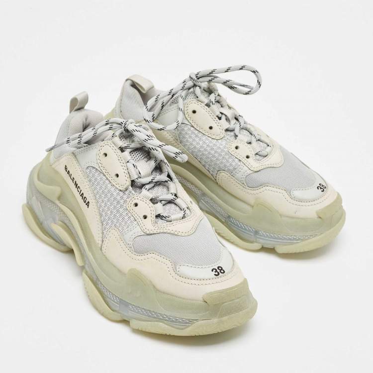 Pre Owned Balenciaga Grey Leather and Mesh Triple S Clear Lace Up Sneakers Size 38