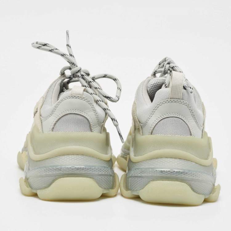 Pre Owned Balenciaga Grey Leather and Mesh Triple S Clear Lace Up Sneakers Size 38