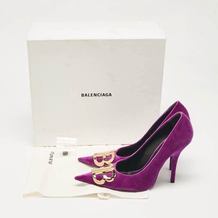 Pre Owned Balenciaga Purple Velvet BB Knife Pointed Toe Pumps Size 36.5
