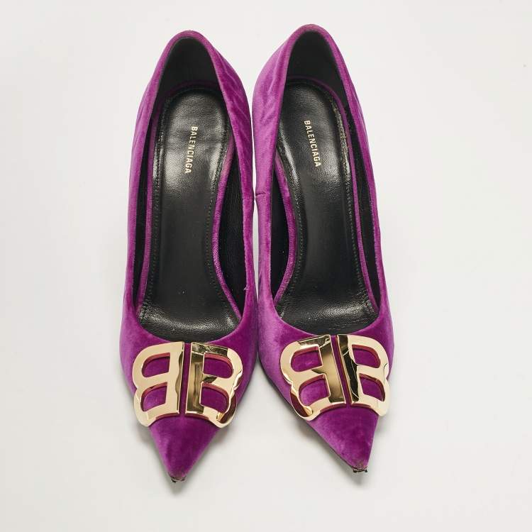Pre Owned Balenciaga Purple Velvet BB Knife Pointed Toe Pumps Size 36.5