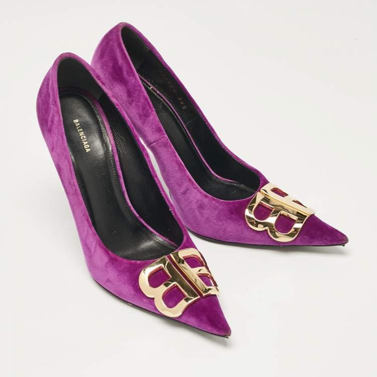 Pre Owned Balenciaga Purple Velvet BB Knife Pointed Toe Pumps Size 36.5