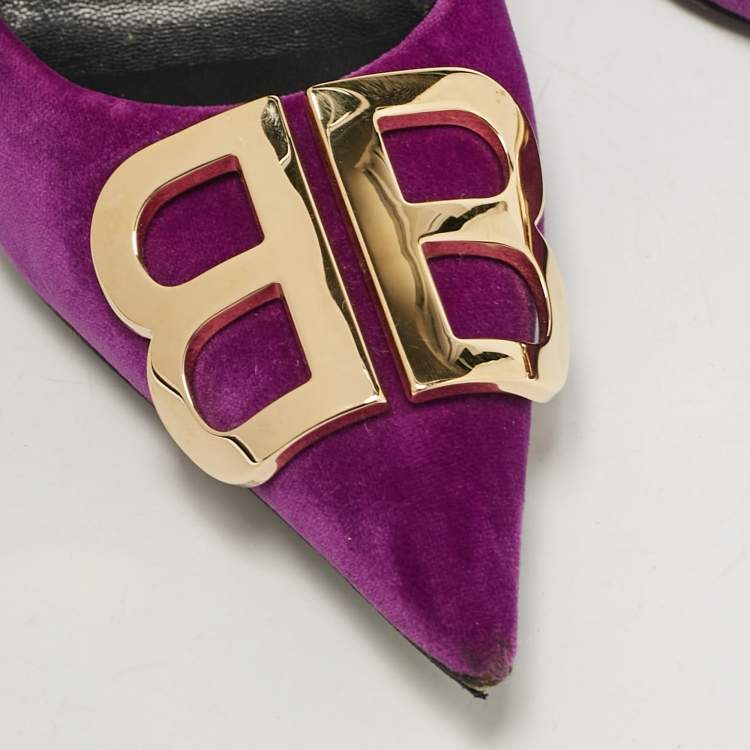 Pre Owned Balenciaga Purple Velvet BB Knife Pointed Toe Pumps Size 36.5