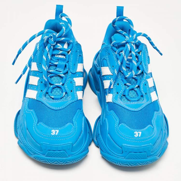 Pre Owned Balenciaga x Adidas Blue/White Faux Leather and Mesh Triple S Sneakers Size 37