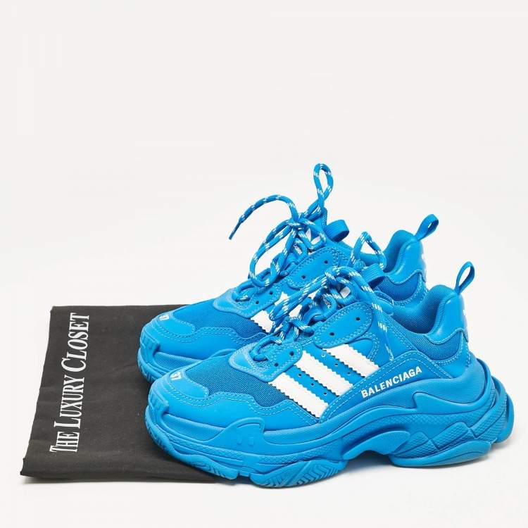 Pre Owned Balenciaga x Adidas Blue/White Faux Leather and Mesh Triple S Sneakers Size 37