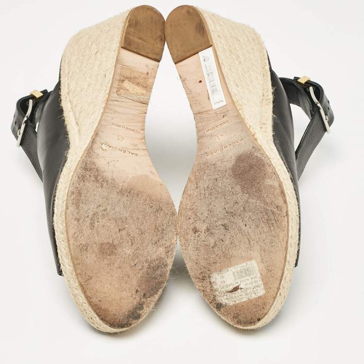 Pre Owned Balenciaga Black Leather Glove Espadrille Wedge Sandals Size 41