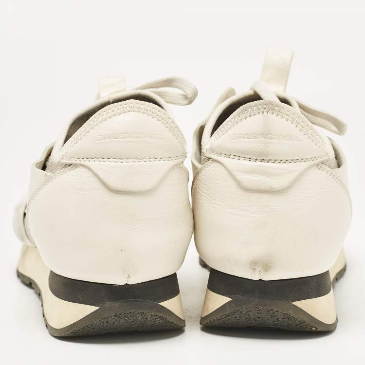 Pre Owned Balenciaga White/Silver Leather and Knit Fabric Race Runner Sneakers Size 39