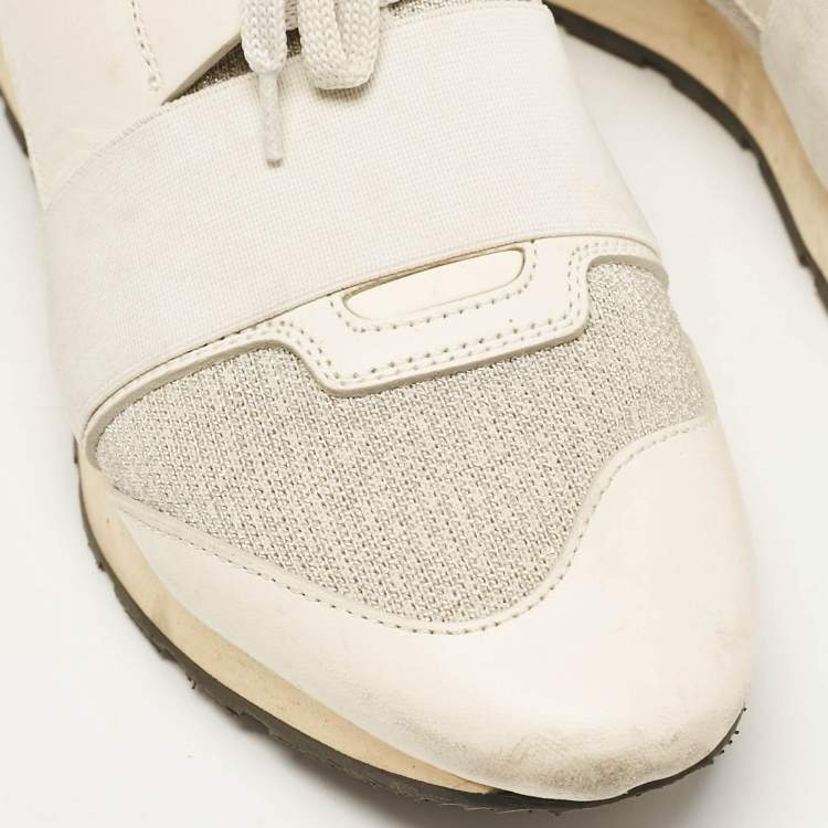Pre Owned Balenciaga White/Silver Leather and Knit Fabric Race Runner Sneakers Size 39