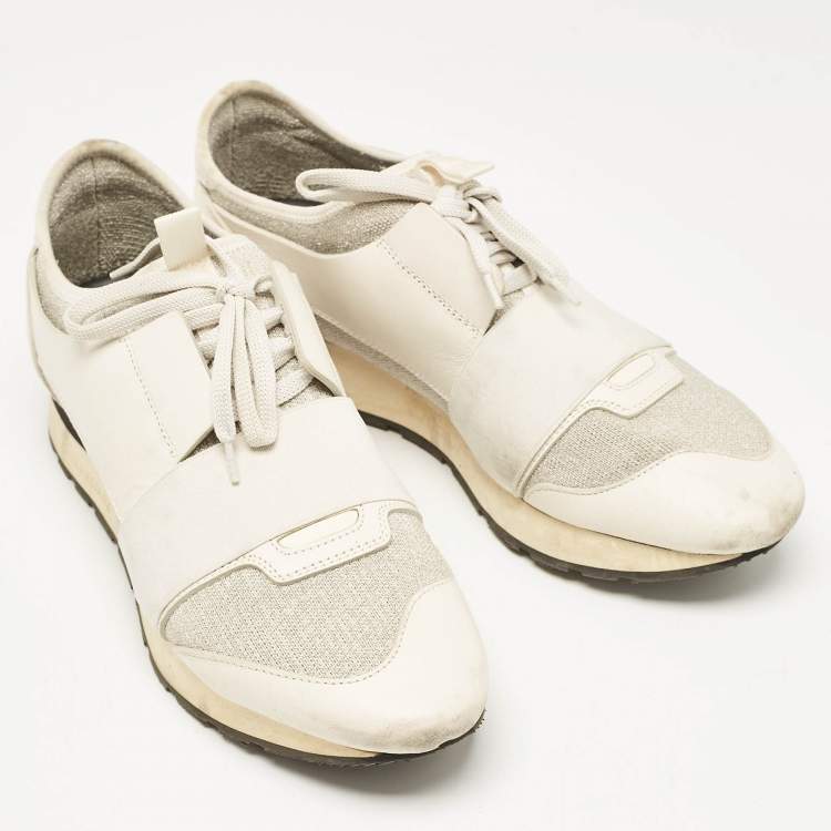 Pre Owned Balenciaga White/Silver Leather and Knit Fabric Race Runner Sneakers Size 39