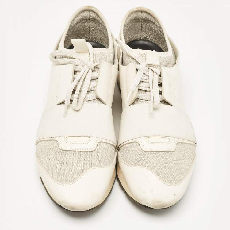 Pre Owned Balenciaga White/Silver Leather and Knit Fabric Race Runner Sneakers Size 39
