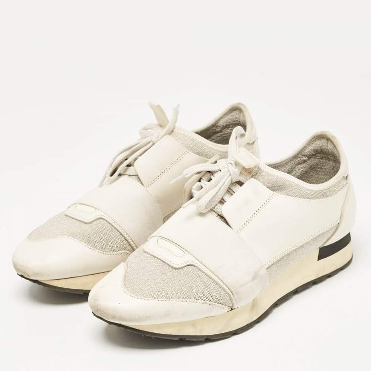 Pre Owned Balenciaga White/Silver Leather and Knit Fabric Race Runner Sneakers Size 39