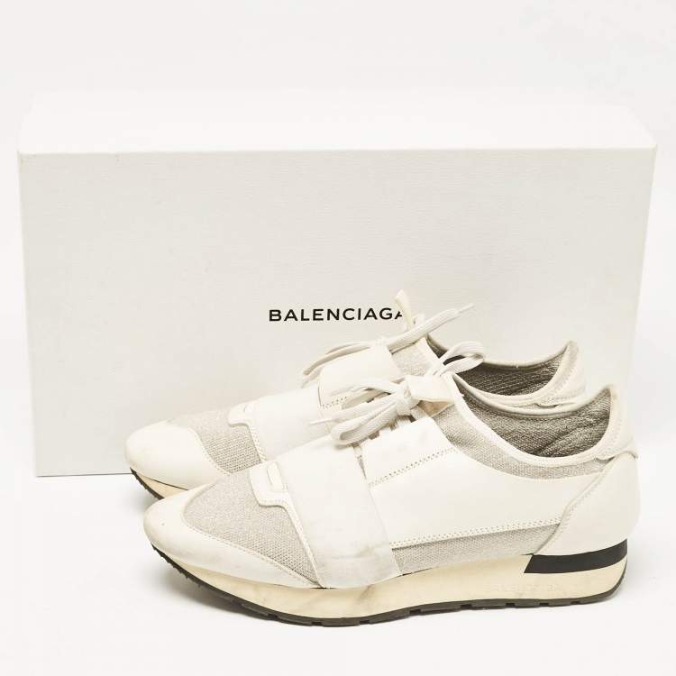 Pre Owned Balenciaga White/Silver Leather and Knit Fabric Race Runner Sneakers Size 39