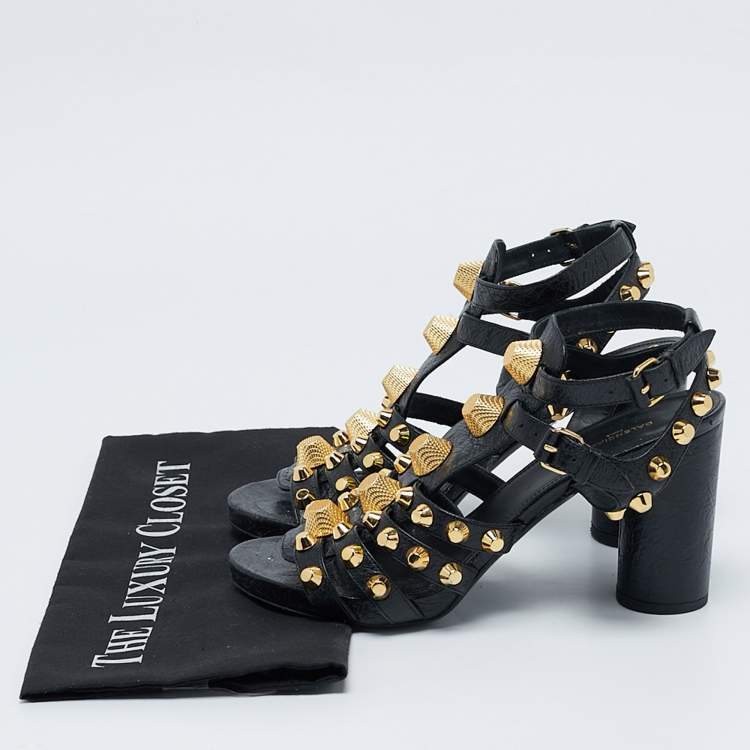 Pre Owned Balenciaga Black Leather Studded Ankle Strap Sandals Size 38