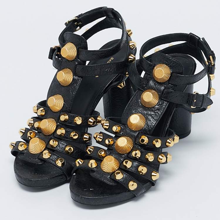 Pre Owned Balenciaga Black Leather Studded Ankle Strap Sandals Size 38