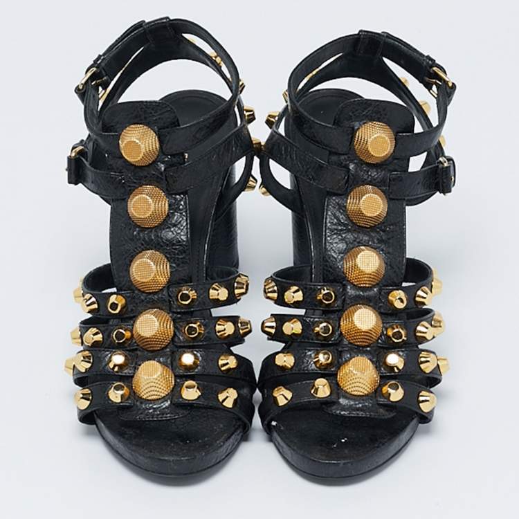 Pre Owned Balenciaga Black Leather Studded Ankle Strap Sandals Size 38