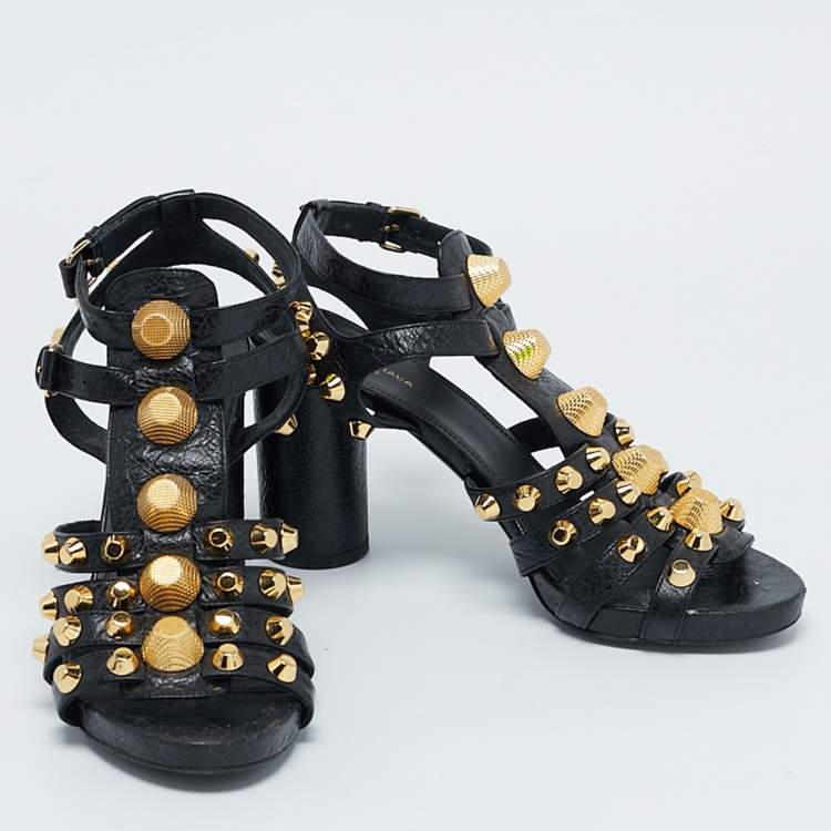 Pre Owned Balenciaga Black Leather Studded Ankle Strap Sandals Size 38