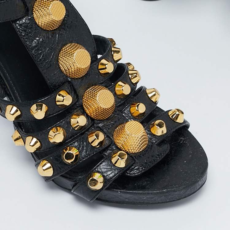 Pre Owned Balenciaga Black Leather Studded Ankle Strap Sandals Size 38