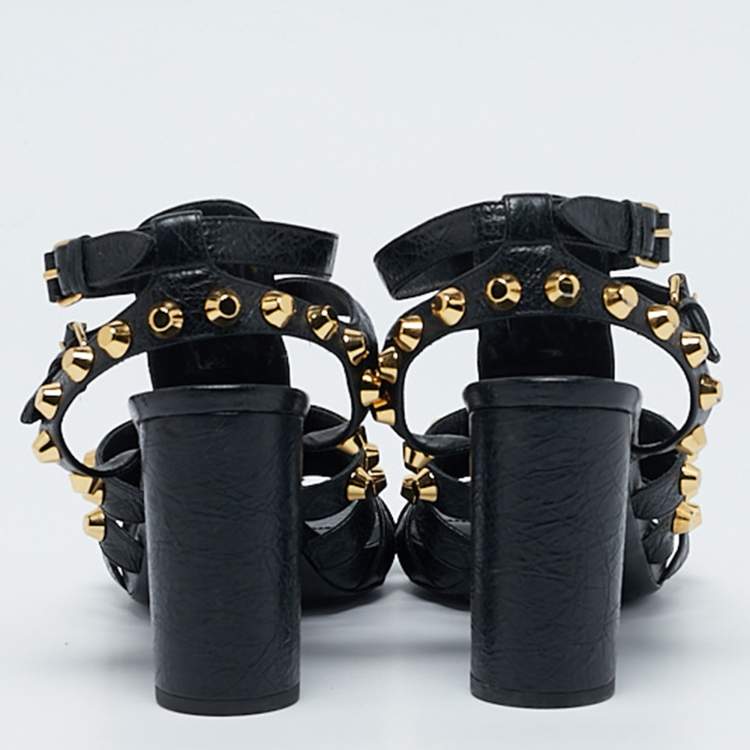 Pre Owned Balenciaga Black Leather Studded Ankle Strap Sandals Size 38