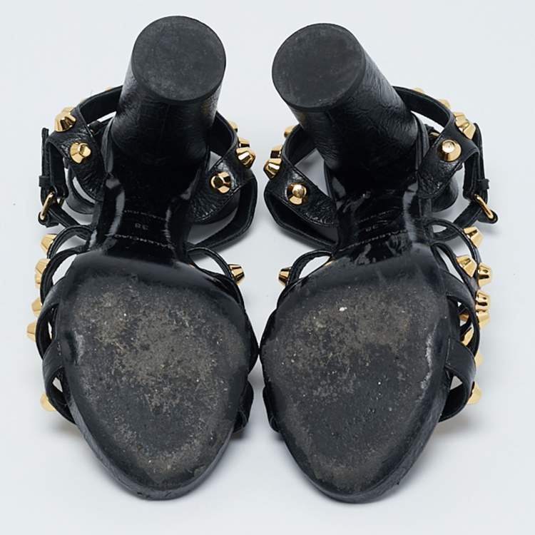Pre Owned Balenciaga Black Leather Studded Ankle Strap Sandals Size 38