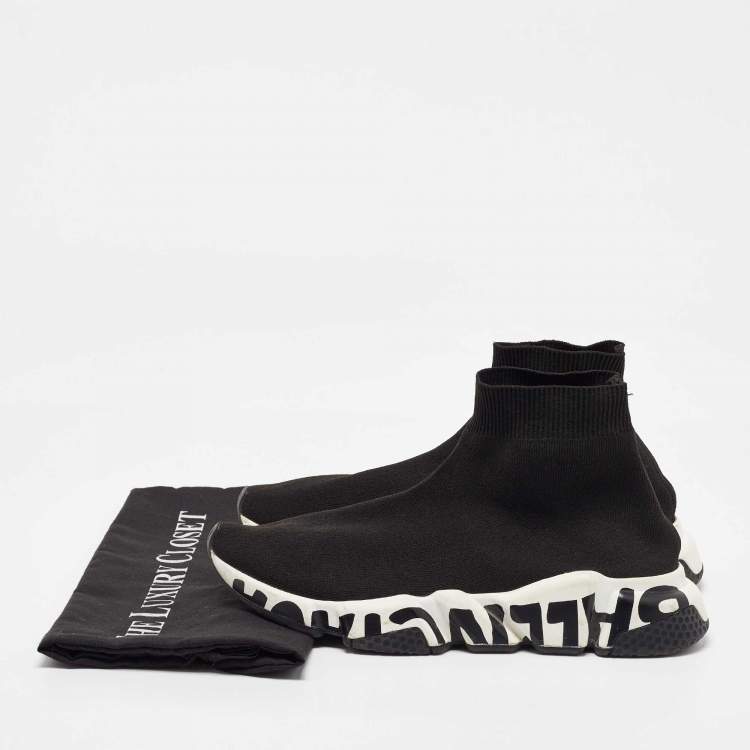 Pre Owned Balenciaga Black Knit Fabric Speed Trainer Slip On High Sneakers Size 39