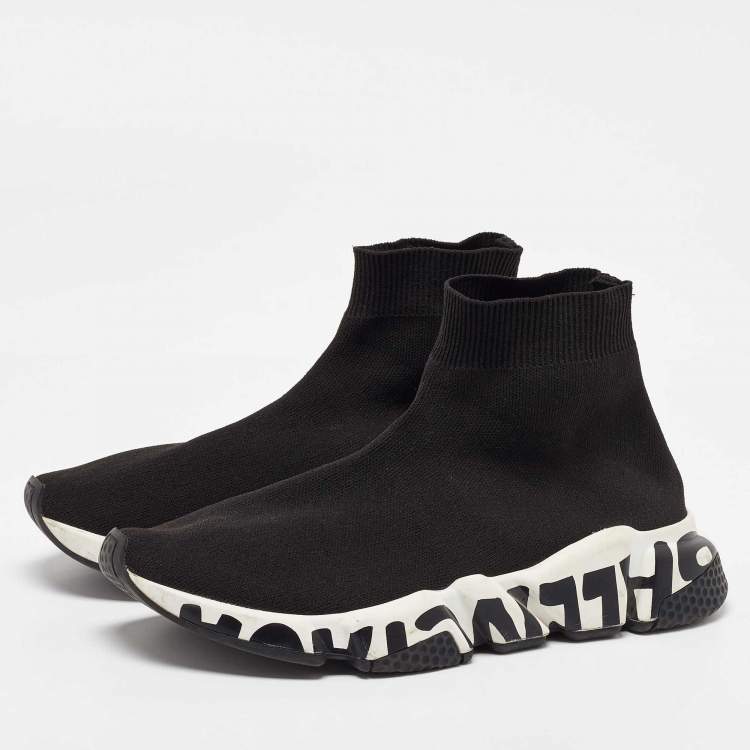 Pre Owned Balenciaga Black Knit Fabric Speed Trainer Slip On High Sneakers Size 39