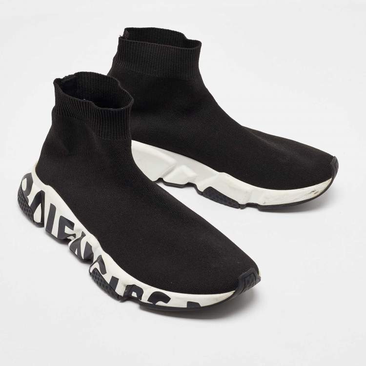 Pre Owned Balenciaga Black Knit Fabric Speed Trainer Slip On High Sneakers Size 39