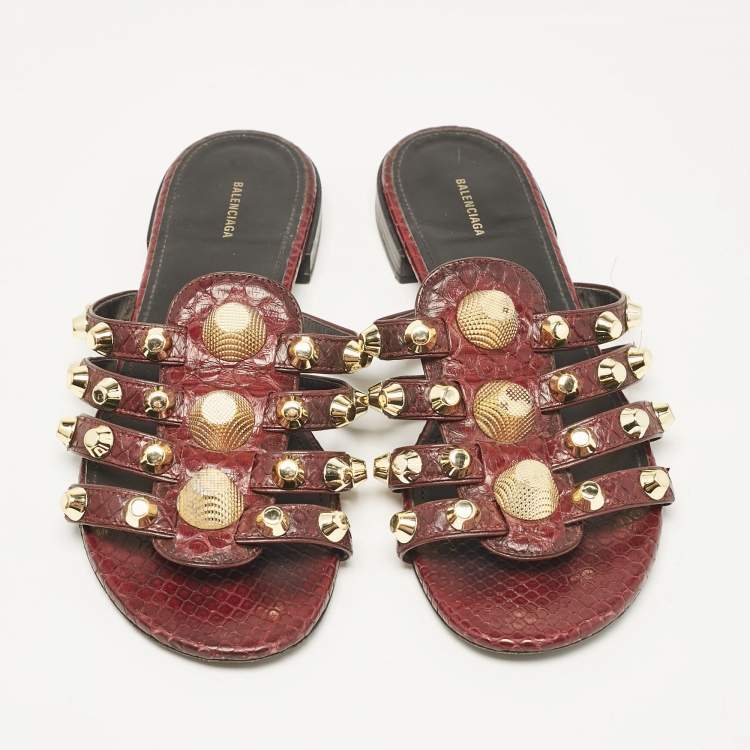 Pre Owned Balenciaga Burgundy Embossed Python Arena Flat Slides Size 37