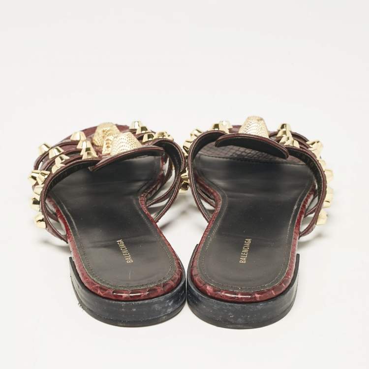 Pre Owned Balenciaga Burgundy Embossed Python Arena Flat Slides Size 37