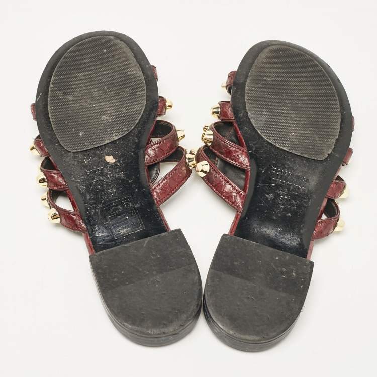 Pre Owned Balenciaga Burgundy Embossed Python Arena Flat Slides Size 37