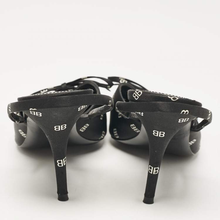 Pre Owned Balenciaga Black BB Print Satin Bow Knife Slingback Pumps Size 39.5