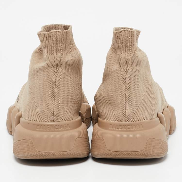 Pre Owned Balenciaga Beige Knit Fabric Speed Trainer High Top Sneakers Size 37
