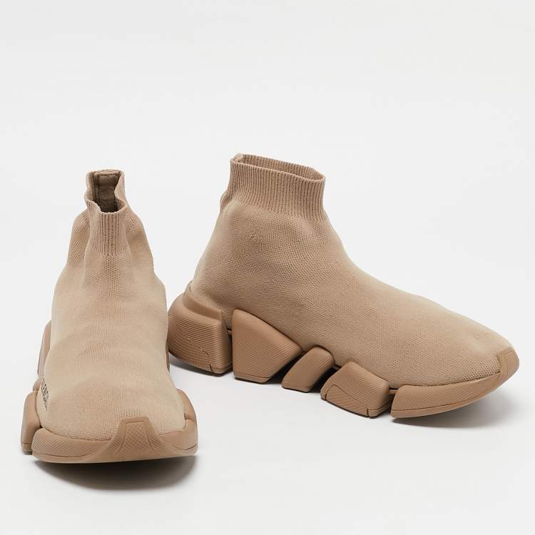 Pre Owned Balenciaga Beige Knit Fabric Speed Trainer High Top Sneakers Size 37