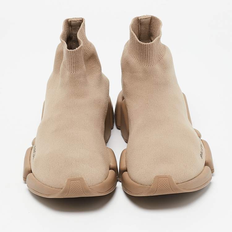 Pre Owned Balenciaga Beige Knit Fabric Speed Trainer High Top Sneakers Size 37