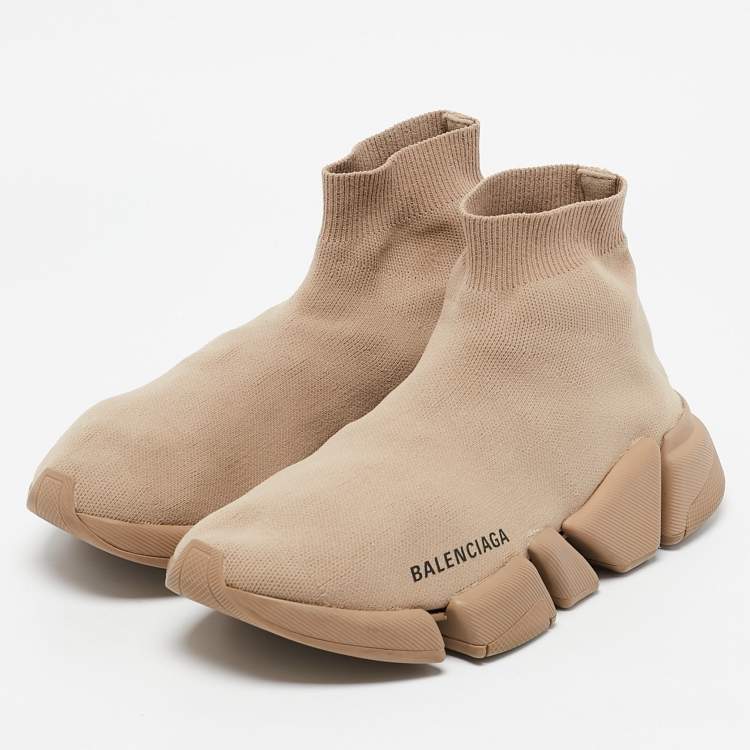 Pre Owned Balenciaga Beige Knit Fabric Speed Trainer High Top Sneakers Size 37