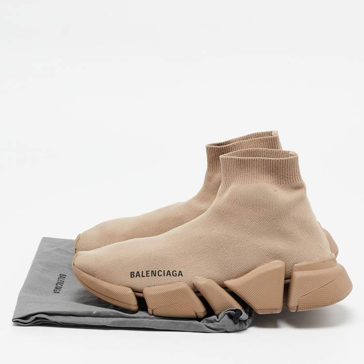 Pre Owned Balenciaga Beige Knit Fabric Speed Trainer High Top Sneakers Size 37