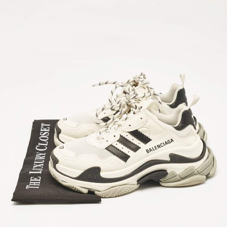 Pre Owned Balenciaga White/Black Mesh and Faux Leather Triple S Lace Up Sneakers Size 37