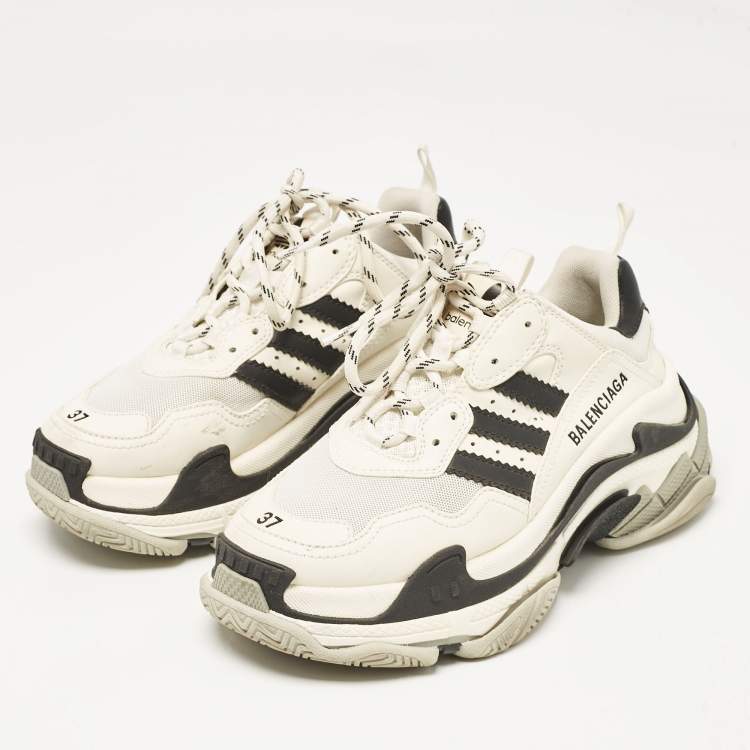 Pre Owned Balenciaga White/Black Mesh and Faux Leather Triple S Lace Up Sneakers Size 37