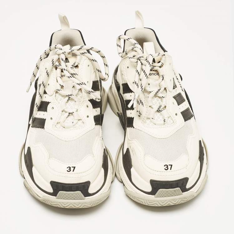 Pre Owned Balenciaga White/Black Mesh and Faux Leather Triple S Lace Up Sneakers Size 37