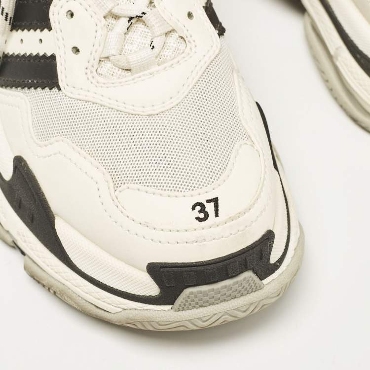Pre Owned Balenciaga White/Black Mesh and Faux Leather Triple S Lace Up Sneakers Size 37