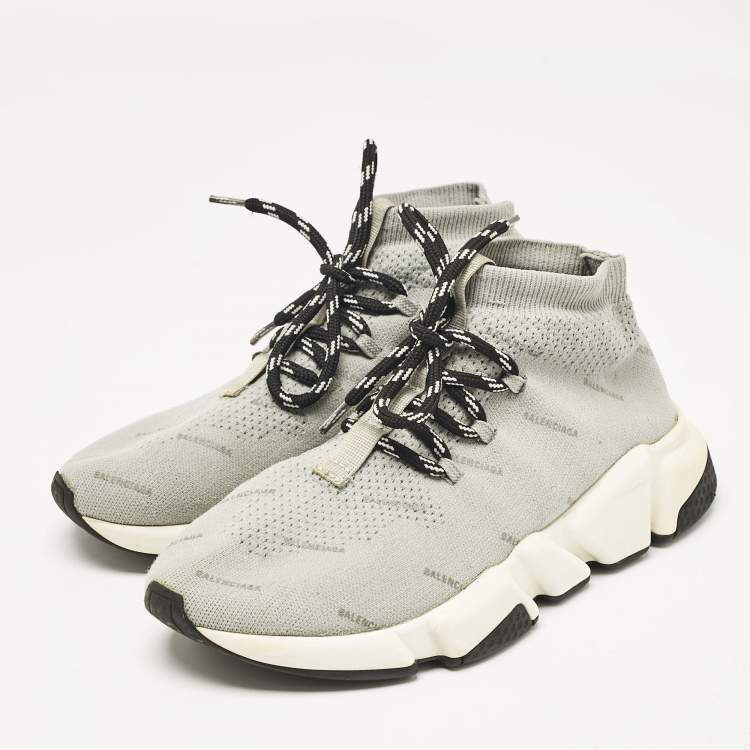 Pre Owned Balenciaga Grey Knit Fabric Speed Trainer Lace Up Sneakers Size 37