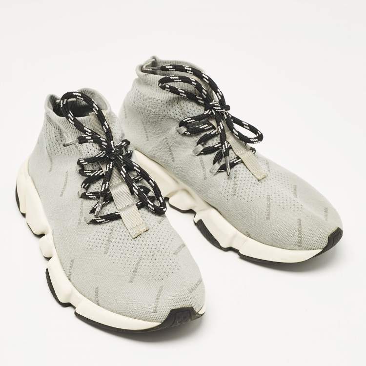 Pre Owned Balenciaga Grey Knit Fabric Speed Trainer Lace Up Sneakers Size 37