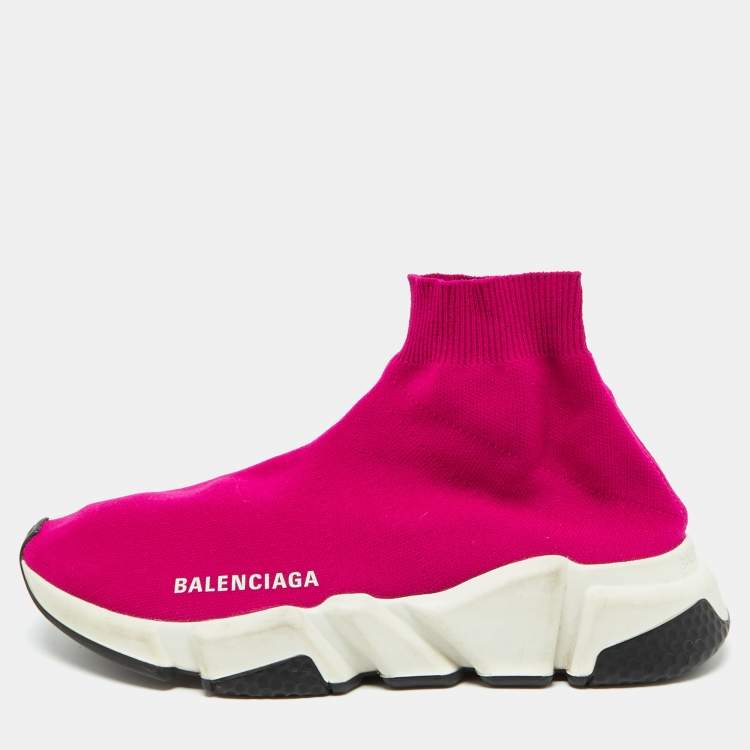 Pre Owned Balenciaga Bright Pink Knit Fabric Speed Trainer Slip On Sneakers Size 36